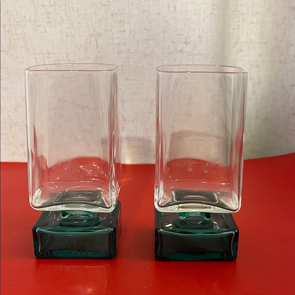 2 Vtg Rare Light & Music Luigi Bormioli Shot glasses Square Turquoise base